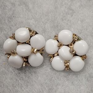 Vintage West Germany White Beaded Clip On Earrings